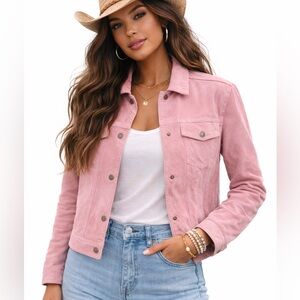 Vintage Pink Genuine Leather Trucker Jacket Coastal Cowgirl Style Cropped Large